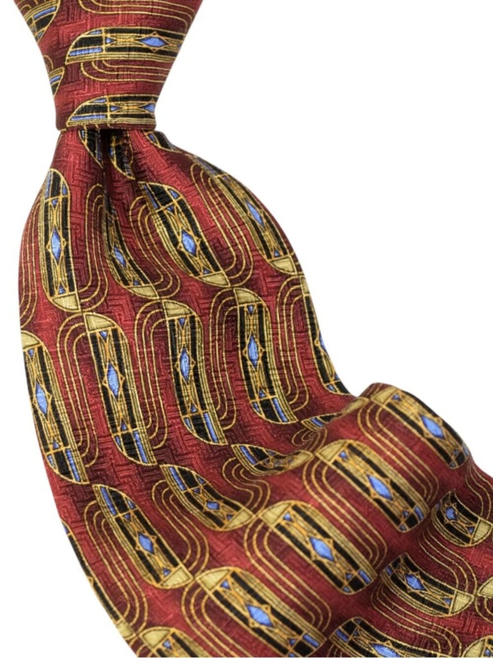 Robert Talbott Studio Silk Tie Red Gold Blue Art Deco Geometric Hand Sewn USA